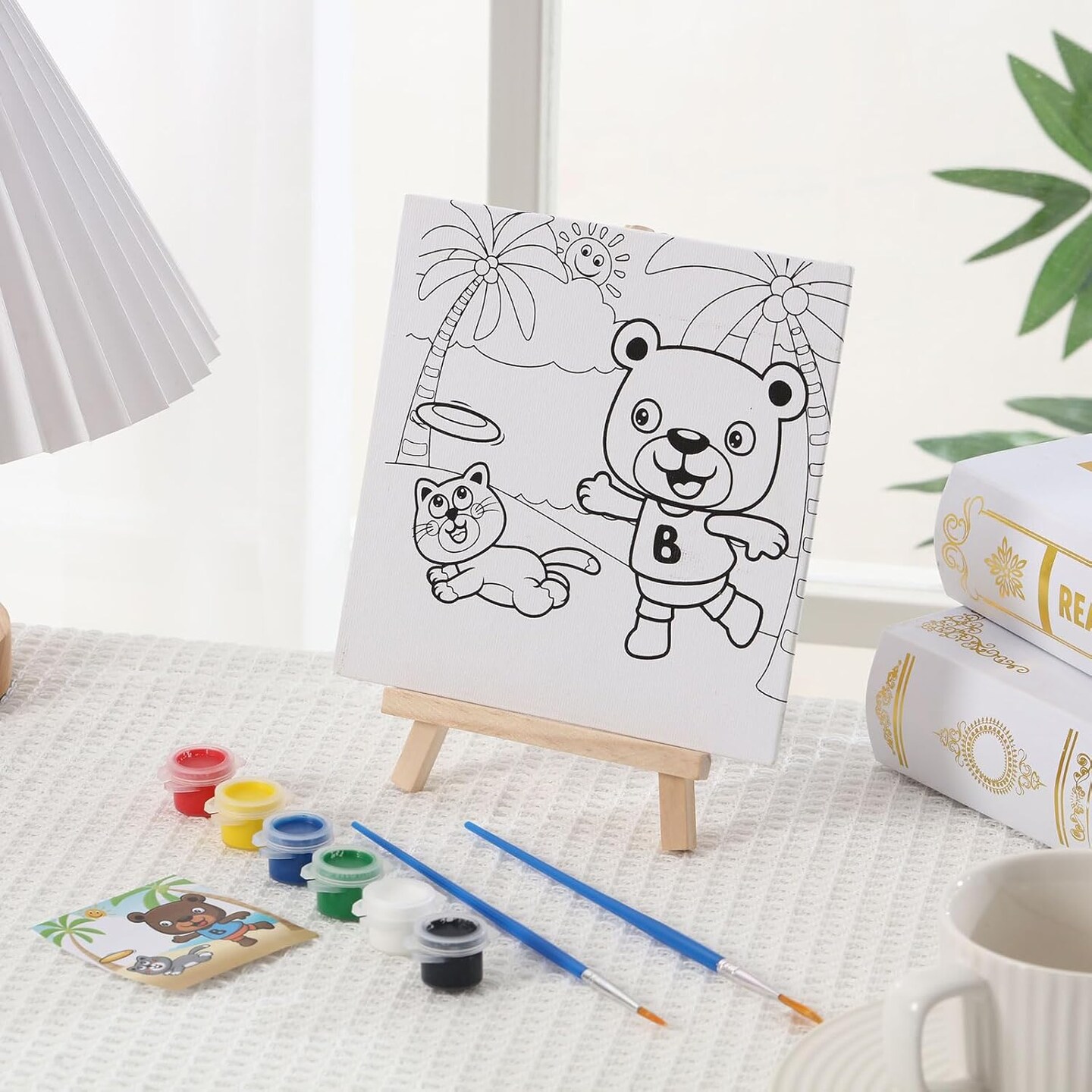 12 Sets Pre Drawn Canvas to Paint Kid Adult Stretched Coloring Painting Canvas Panels with Design Easel and Brushes