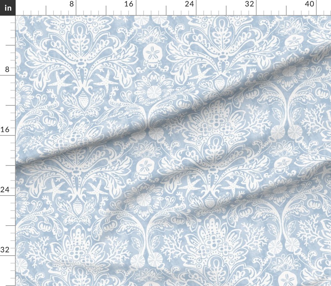 Various Fabrics by the Yard or Fat Quarter Blue Coastal Damask Seashells Beach Ocean Traditional Serene Botanical Custom Printed Fabric by Spoonflower