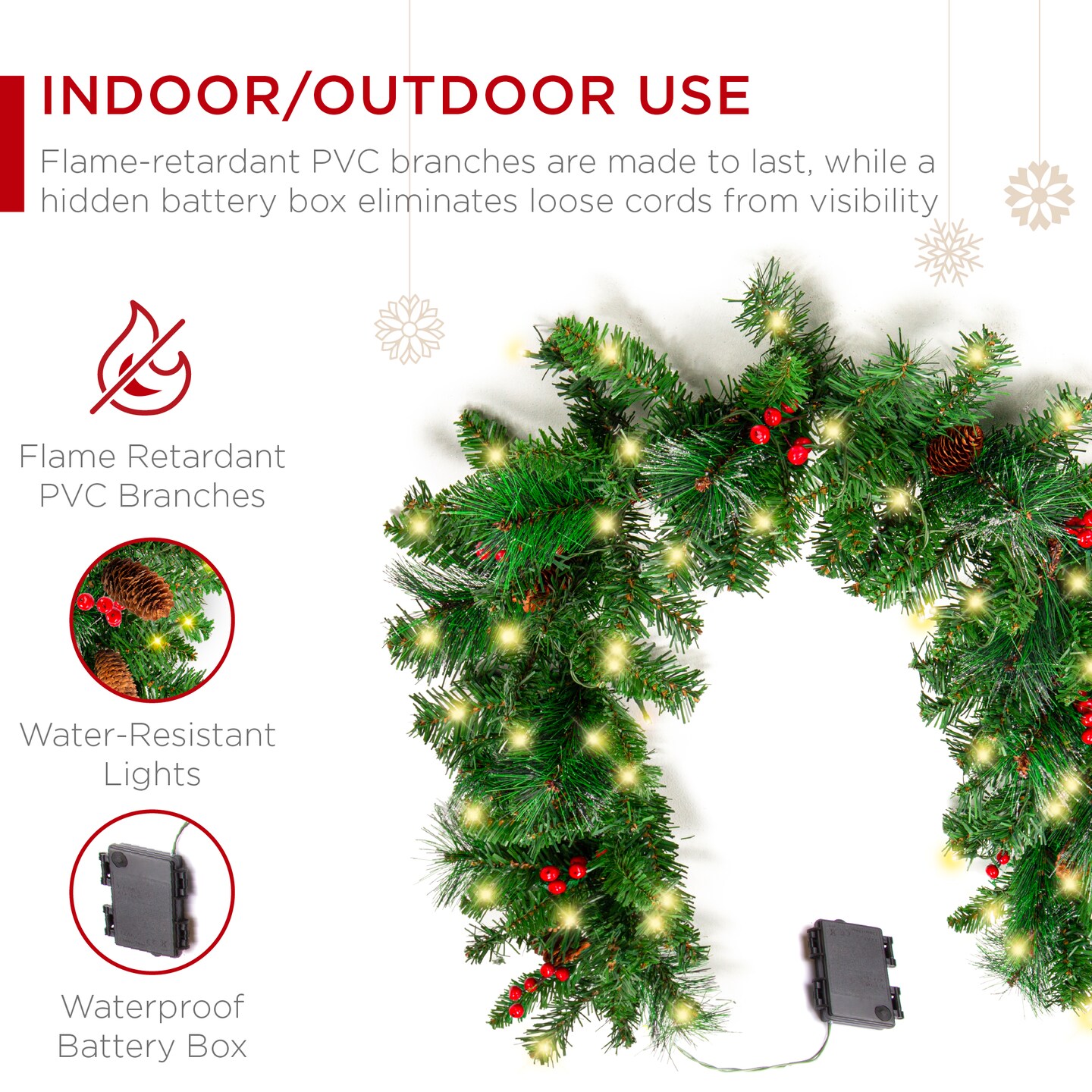 Best Choice Products 9ft Pre-Lit Pre-Decorated Garland w/ PVC Branch Tips, 50 LED Lights, Pine Cones, Berries