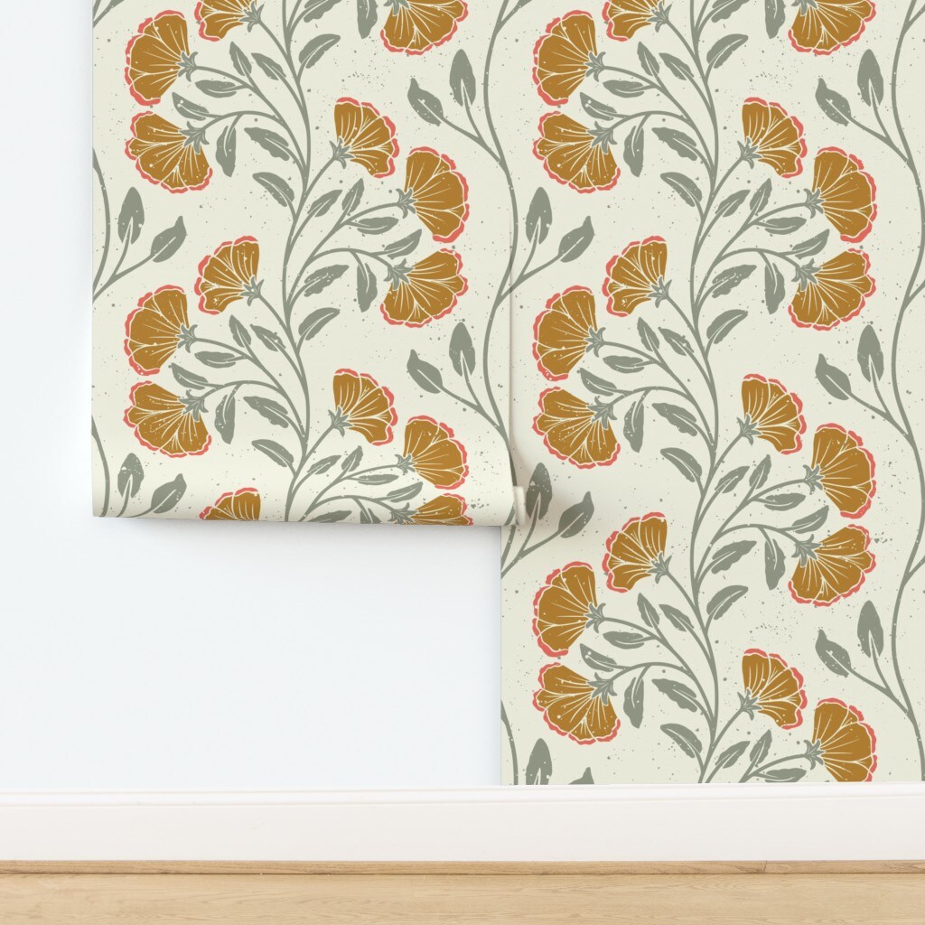 Folk Floral Sage Green Bohemian Boho Stripes Block Print Refined Elegant Flower Mustard Gold Beige Custom Removable Wallpaper by Spoonflower Peel & Stick Wallpaper 2FT Wide