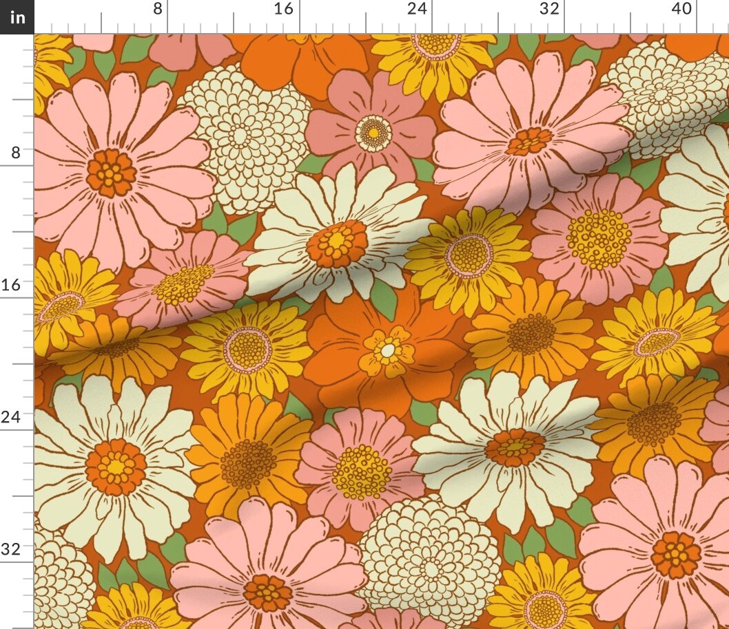Retro 1970S Floral Vintage Style Nostalgia Pink Orange Yellow Bohemian Retro Groovy Flowers Vintage Mod Flower Power Large Scale Custom Printed Fabric by Spoonflower Various Fabrics by the Yard or Fat Quarter