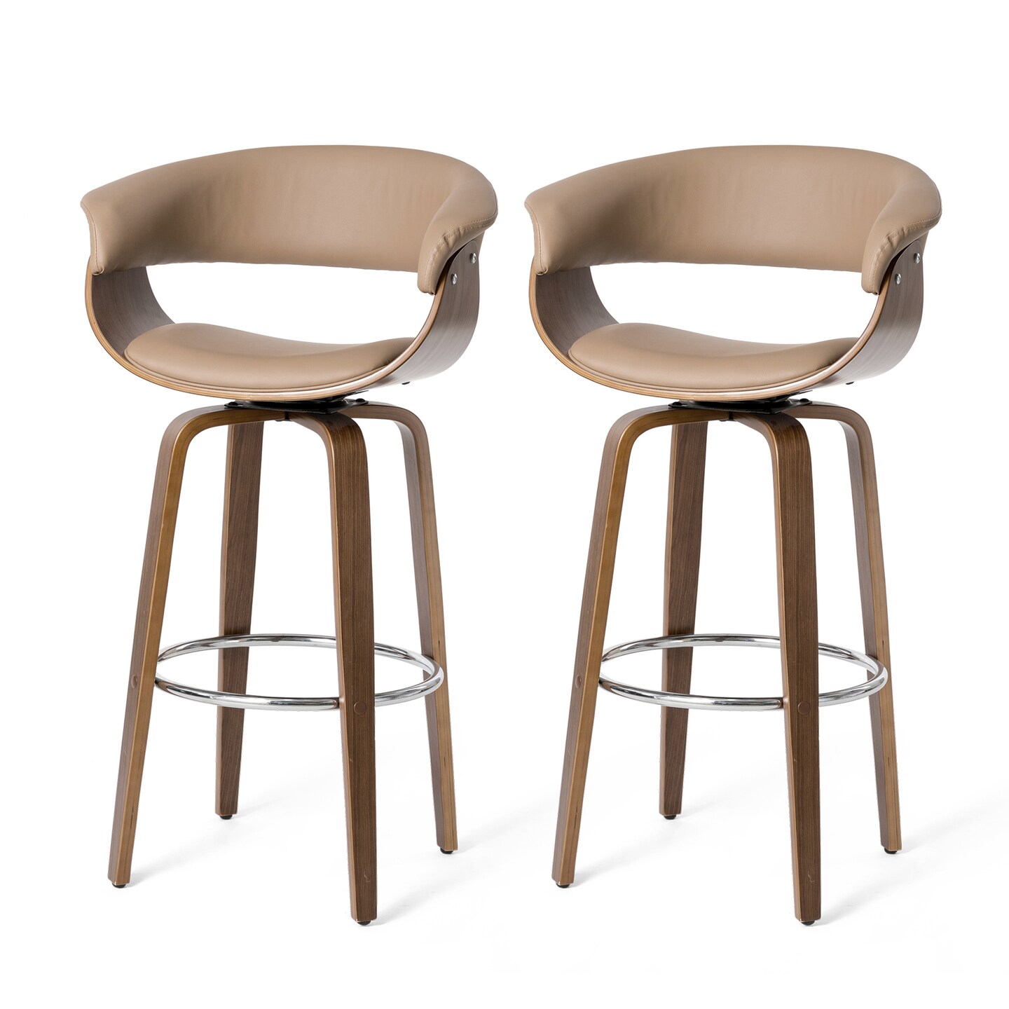 Set of 2/4 Mid-century Modern Leatherette Swivel Bar Stools/Counter Stools with Walnut Bentwood Frame
