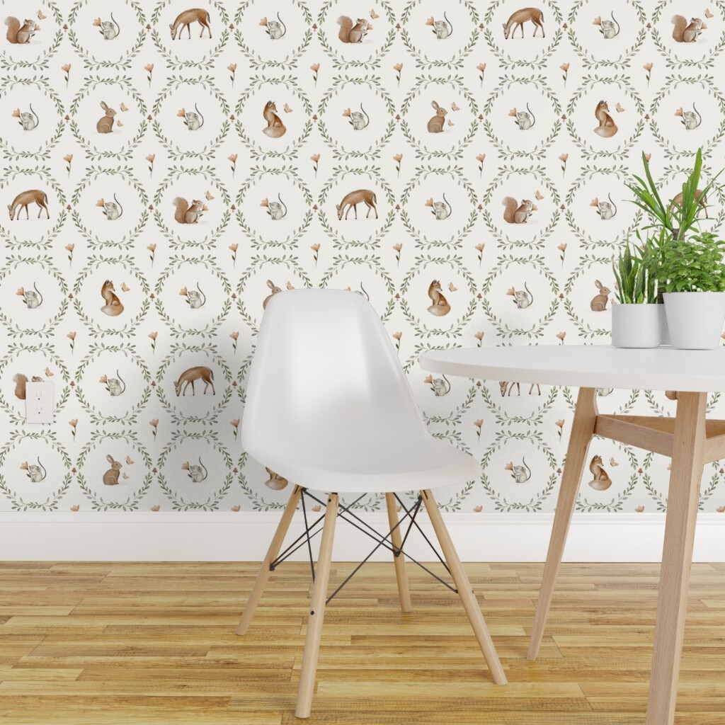 Non-Pasted Wallpaper 2FT Wide Neutral Woodland Deer Squirrel Baby Nursery Fox Rabbit Mouse Whimsical Fun Cute Happy Cheerful Soft Pastel Traditional Wallpaper by Spoonflower