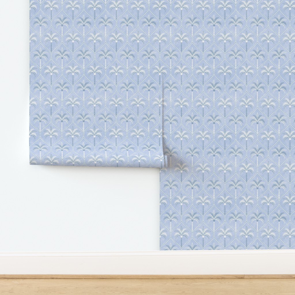 Tropical Periwinkle Blue Ogee Palm Trees Coastal Beach House New England Grandmillenial Custom Removable Wallpaper by Spoonflower Peel & Stick Wallpaper 2FT Wide