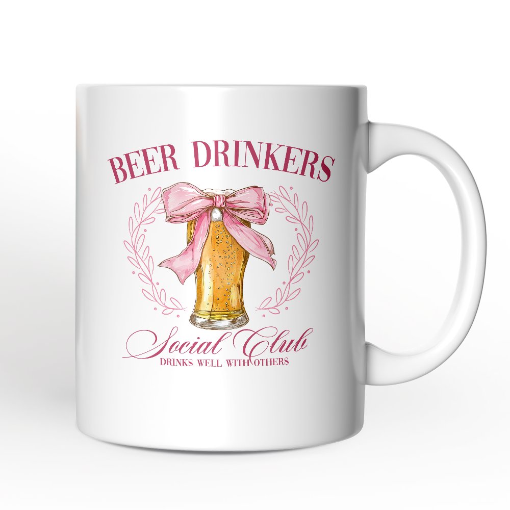 Beer Drinkers Social Club Mug, Coquette Pink Bow Gift for Girly Summer Bachelorette Vibes