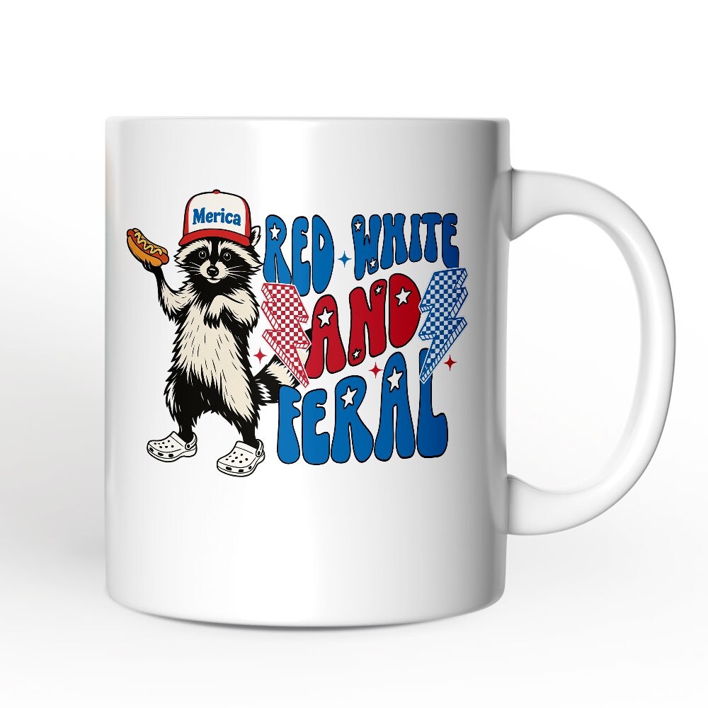 Red, White & Feral Raccoon Mug, Wild Patriot American Gift