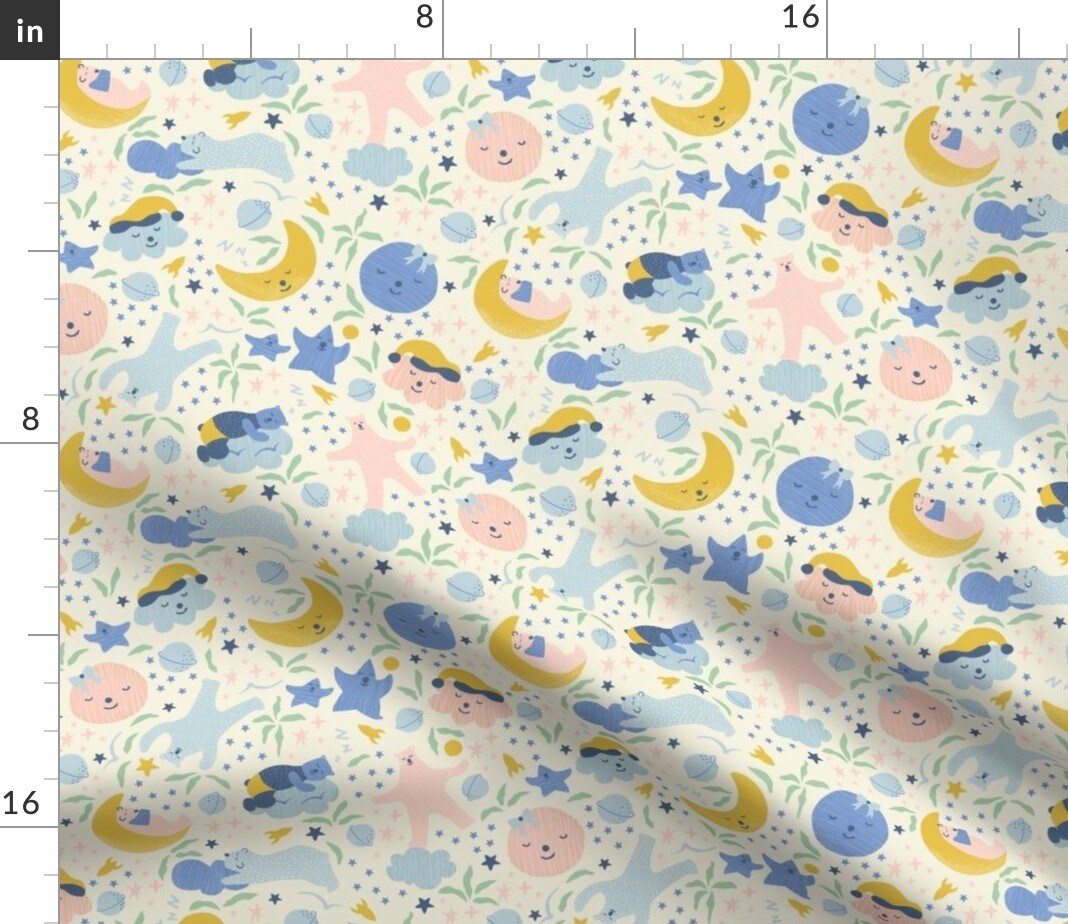 Sleepy Bear Celestial Baby Night Sky Whimsical Fun Cute Happy Cheerful Pastel Nlue Blue Pink Moon Star Custom Printed Fabric by Spoonflower Various Fabrics by the Yard or Fat Quarter