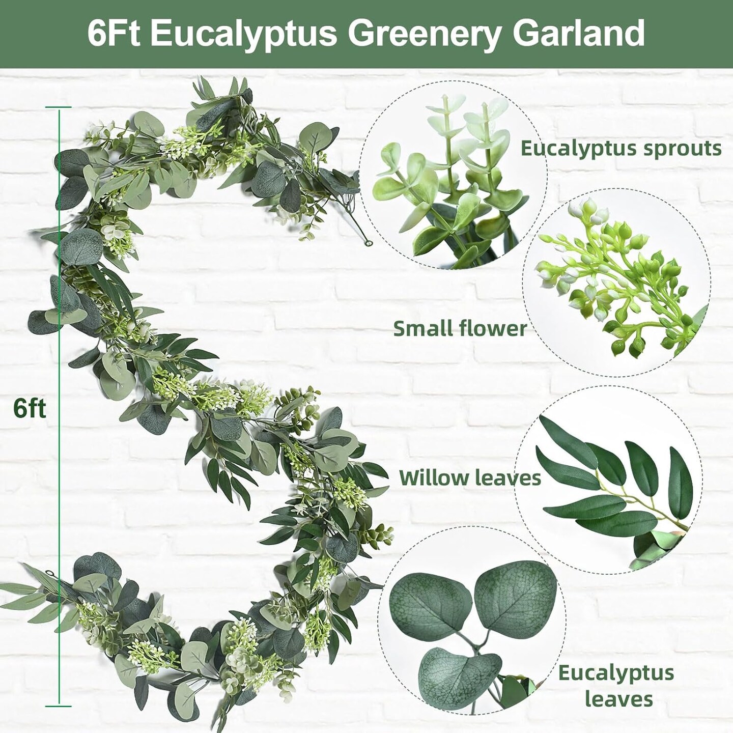 6Ft Eucalyptus Garland, Upgrade Bushy Artificial lvy Greenery Vines with Flower Gypsophila Willow Leaves for Home Wedding Party Table Runner Centerpiece Decor