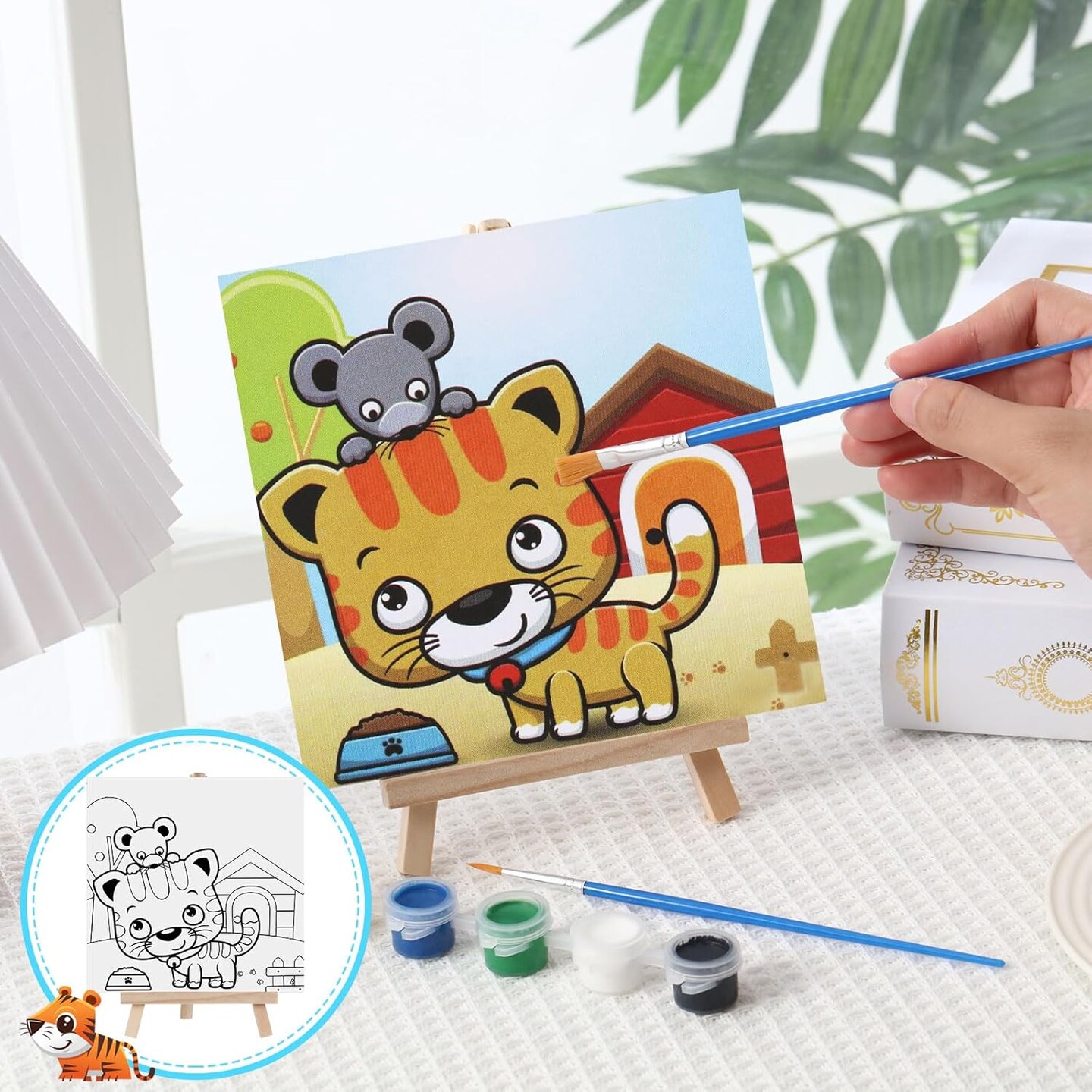 12 Sets Pre Drawn Canvas to Paint Kid Adult Stretched Coloring Painting Canvas Panels with Design Easel and Brushes