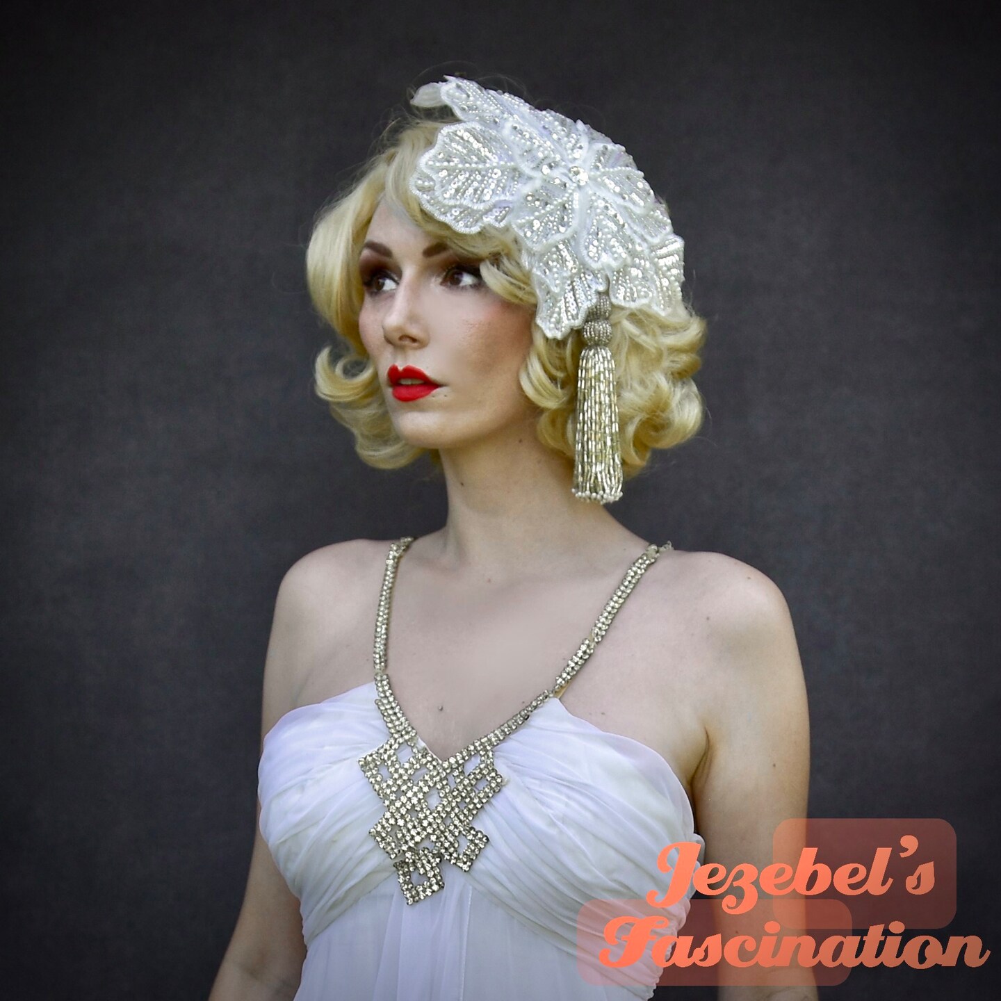White Beaded Tassel Floral Fascinator, Old Hollywood Flower  display picture 2