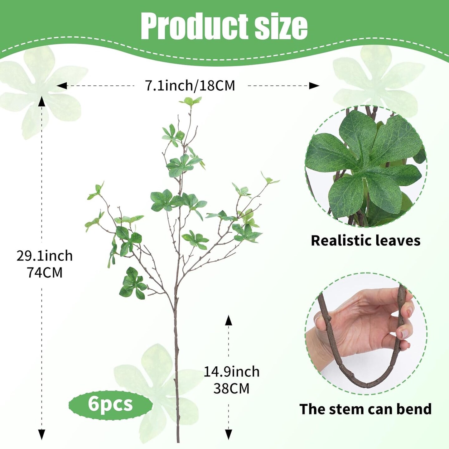 6PCS Artificial Greenery Stems 28&#x22; Faux Twigs Branches for Vase with Fake Plants Silk Leaves Indoor Spring Summer Foliage for Home Table Centerpieces Kitchen Room Decorations