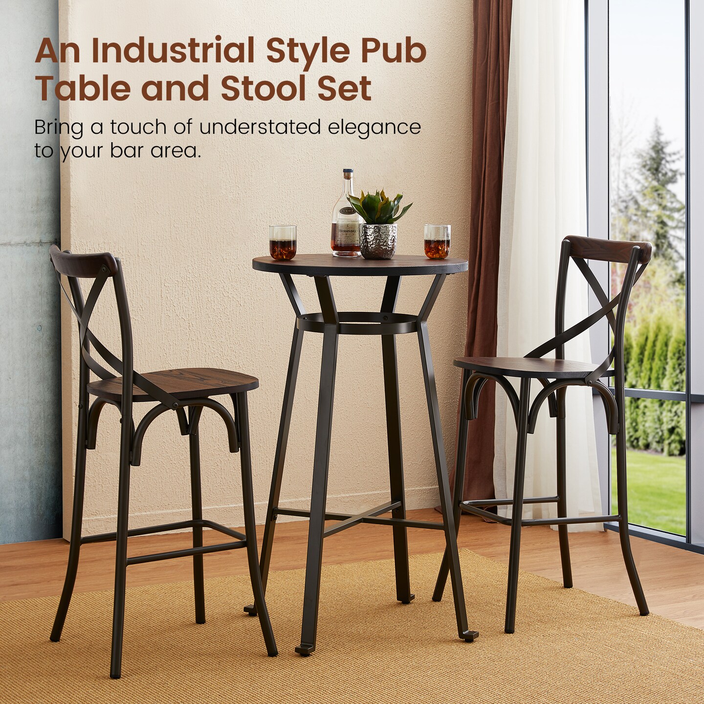 3 Piece Pub Table and Bar Chair Set - Steel Round Bar Table and Bar Chair Set