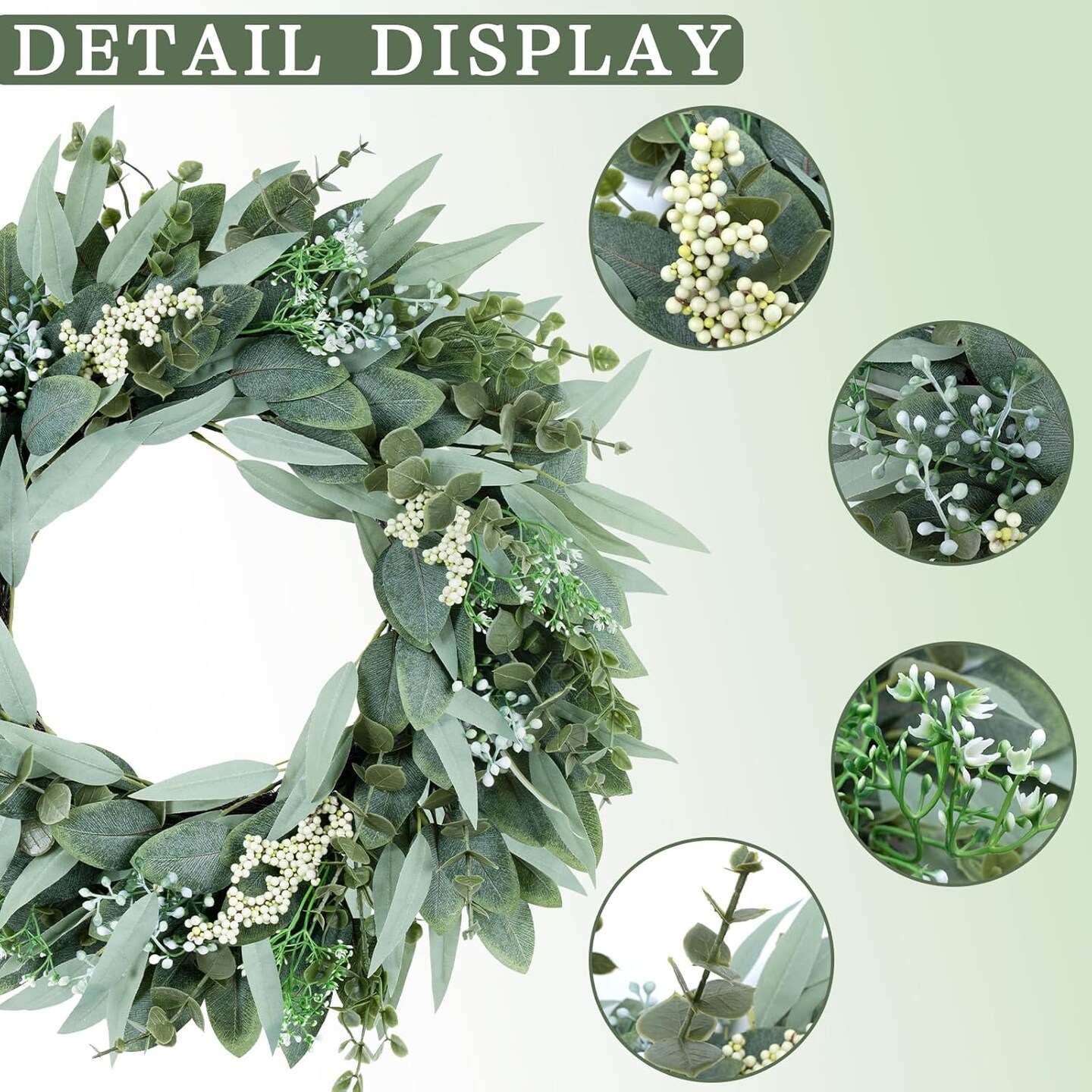 26&#x22; Eucalyptus Wreath Large Artificial Greenery Outdoor/Indoor Wreath Spring/Summer Wreath Green Wreaths for Front Door Porch Window Wall Hanging Decor All Year Round Wreath&#xFF08;Green&#xFF09;