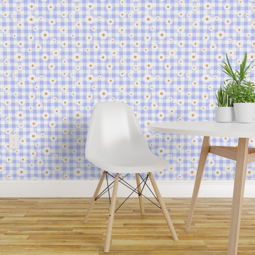 Pre-Pasted Wallpaper 2FT Wide Daisies On Purple Spring Picnic Summer Sweet Cute Lilac Checker Daisy Gingham Custom Pre-pasted Wallpaper by Spoonflower