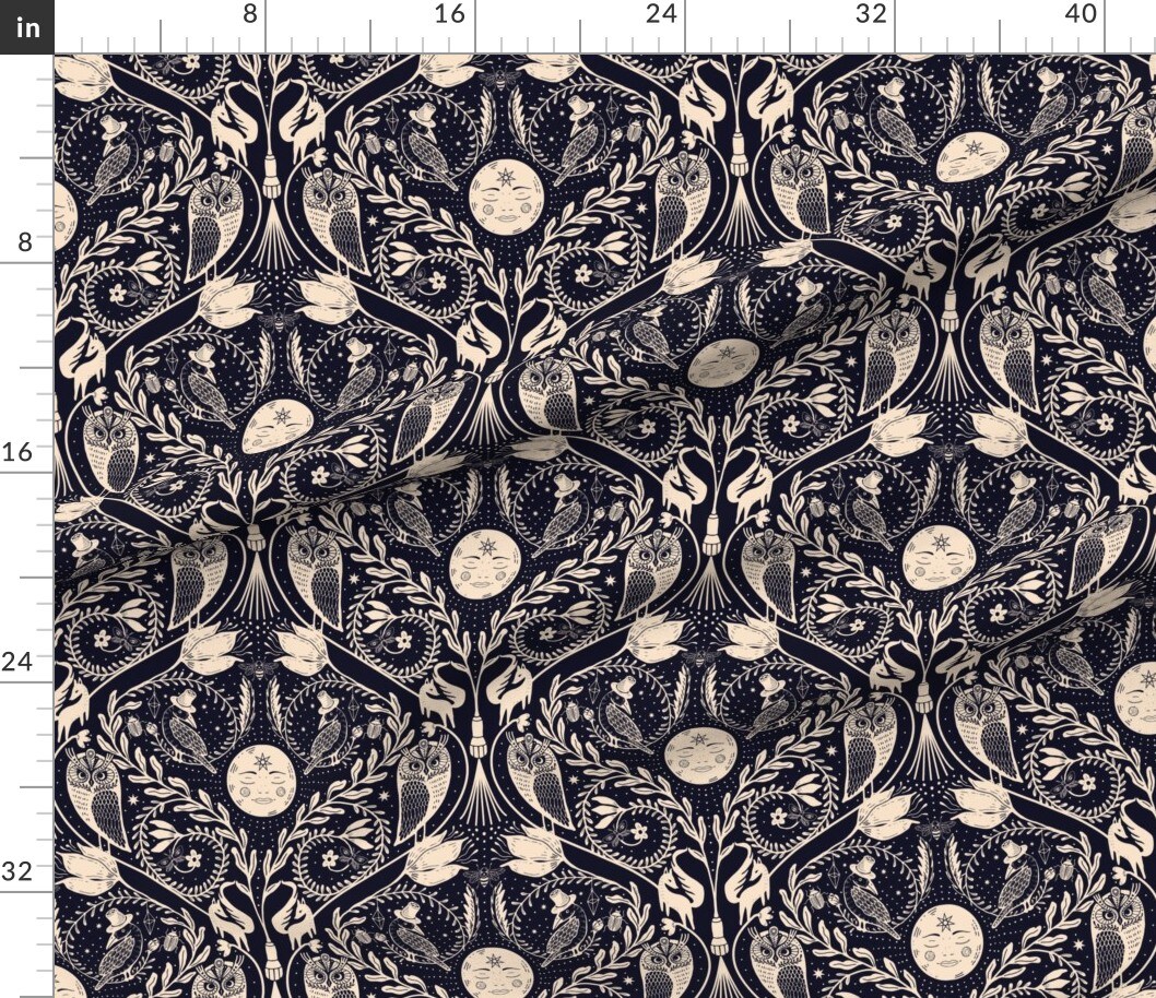 Various Fabrics by the Yard or Fat Quarter Celestial Damask Whimsical Gothic Moon Stars Night Sky Owl Raven Mystical Dark Custom Printed Fabric by Spoonflower