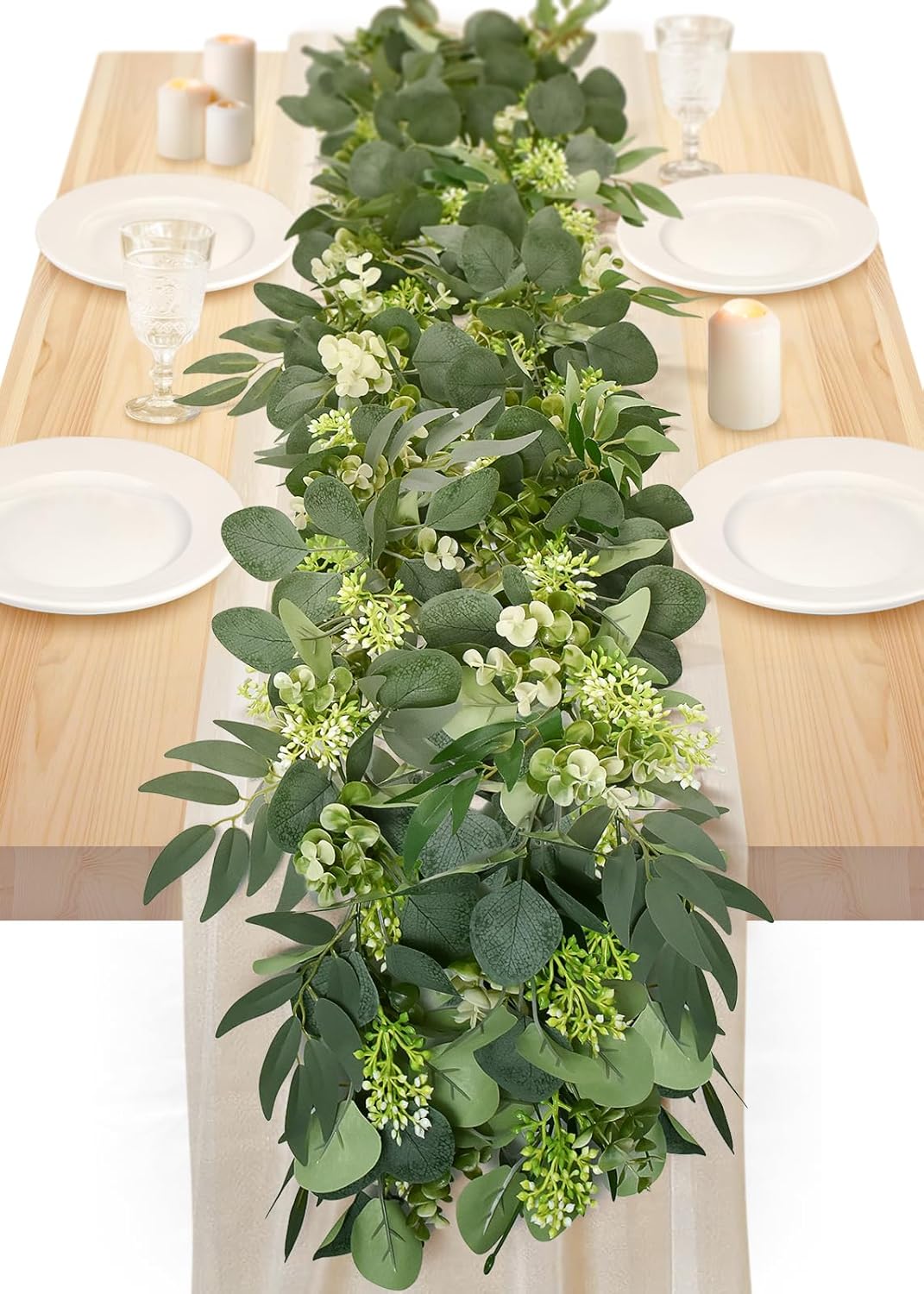 6Ft Eucalyptus Garland, Upgrade Bushy Artificial lvy Greenery Vines with Flower Gypsophila Willow Leaves for Home Wedding Party Table Runner Centerpiece Decor