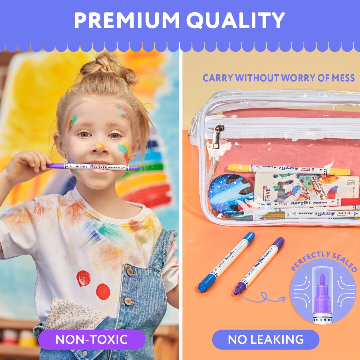 Acrylic Paint Markers, 24 Vibrant Colors Acrylic Markers Pens, No Bleeding, Work on Anything for Rock Painting Canvas Wood Ceramic Glass Crafts Art Supplies, Easy for All Ages, Dual Tip Medium + Fine