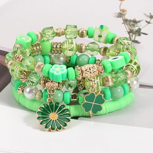 Boho Beaded Bracelets Strawberry Bracelets for Women Clay Heishi Letter Bracelet St. Patrick's Day Bracelets