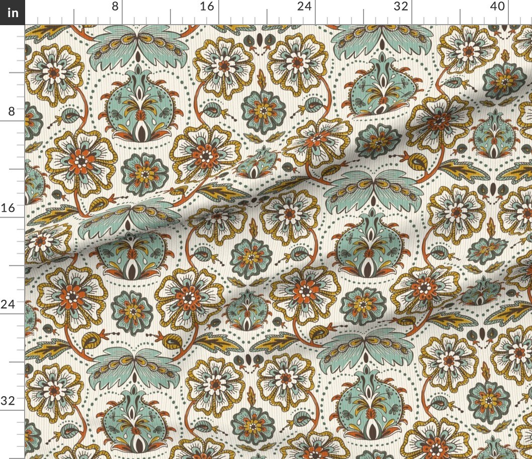 Botanical Damask Ivory Mint Mustard Gold Ornate Bohemian Boho Refined Floral Moroccan Hand Drawn Custom Printed Fabric by Spoonflower Various Fabrics by the Yard or Fat Quarter
