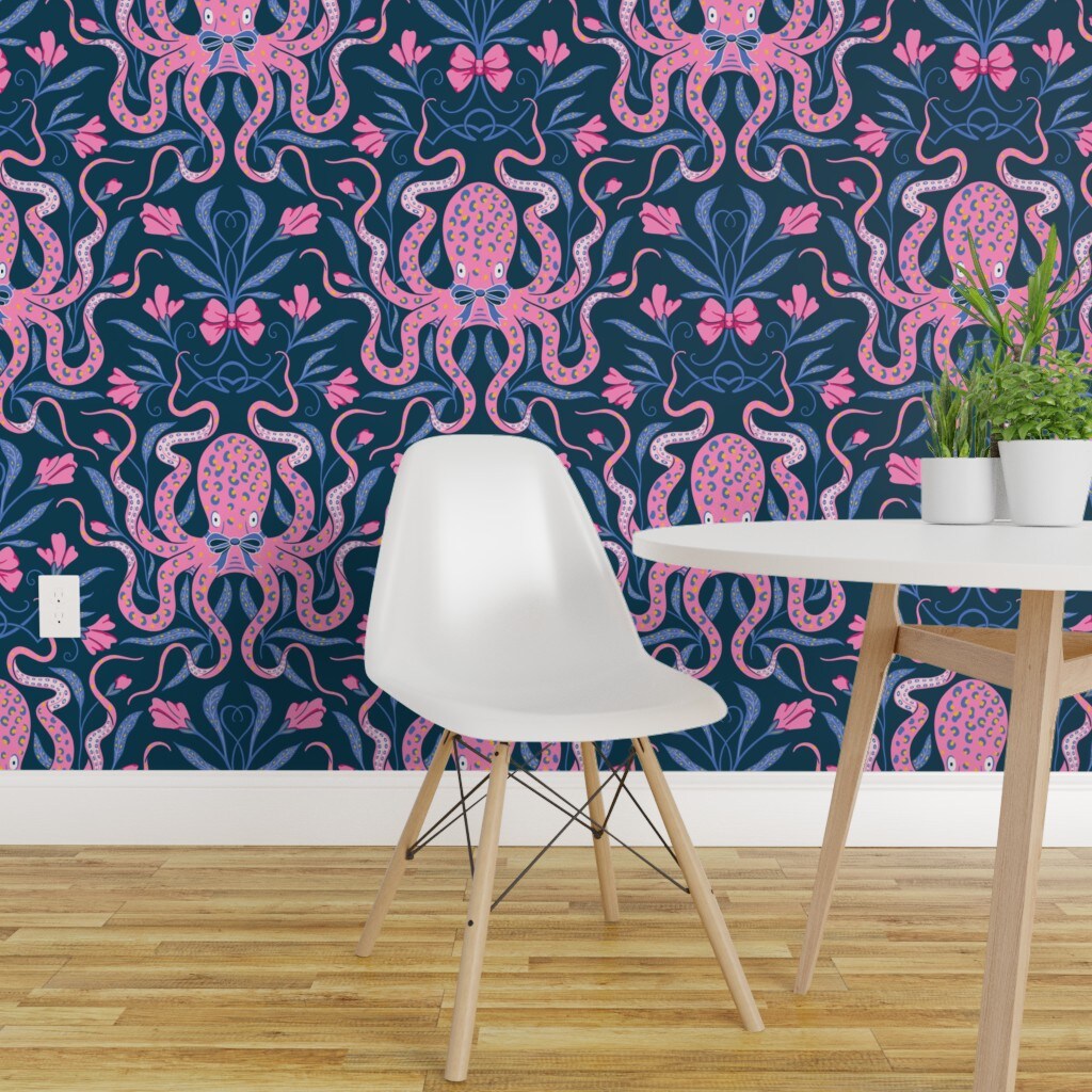 Non-Pasted Wallpaper 2FT Wide Ocean Damask Pink Midnight Blue Coastal Vibrant Octopus Bows Botanical Traditional Wallpaper by Spoonflower