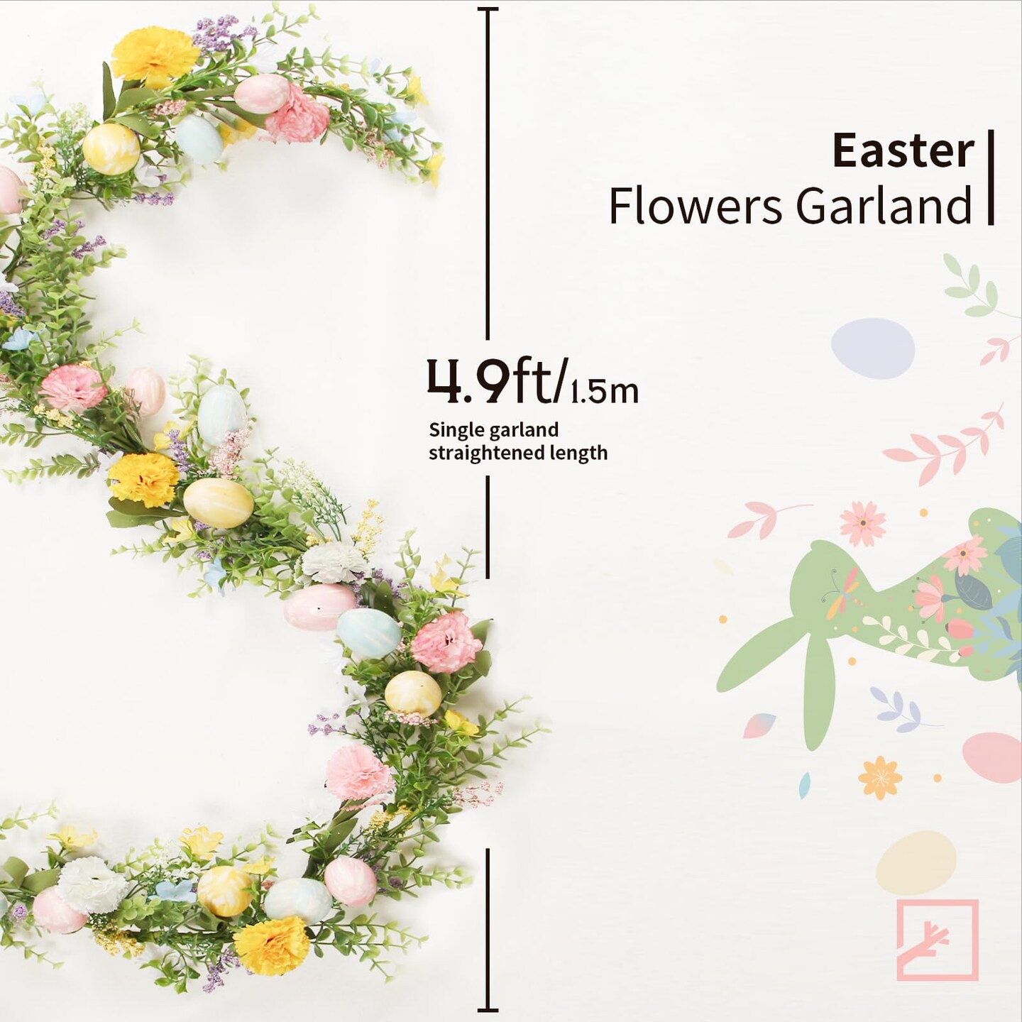 5FT Easter Garland Spring Vine with Easter Eggs Flowers Berries for Rustic Mantle Arch Home Table Tree Decoration