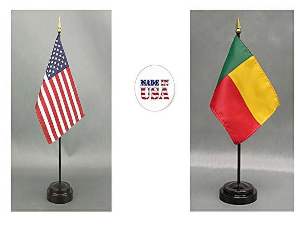 1 American and 1 Benin Mini Desk Flags – Set of 2 with Stands, 4"x6" Rayon