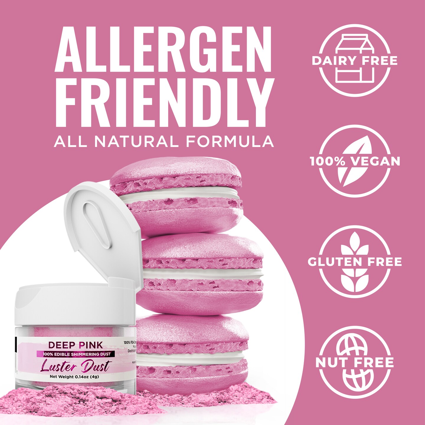 Bakell - Deep Pink Luster Dust (4g, 1x Jar) Edible Vegan Dust & Paint for Baking, Desserts and Beverages