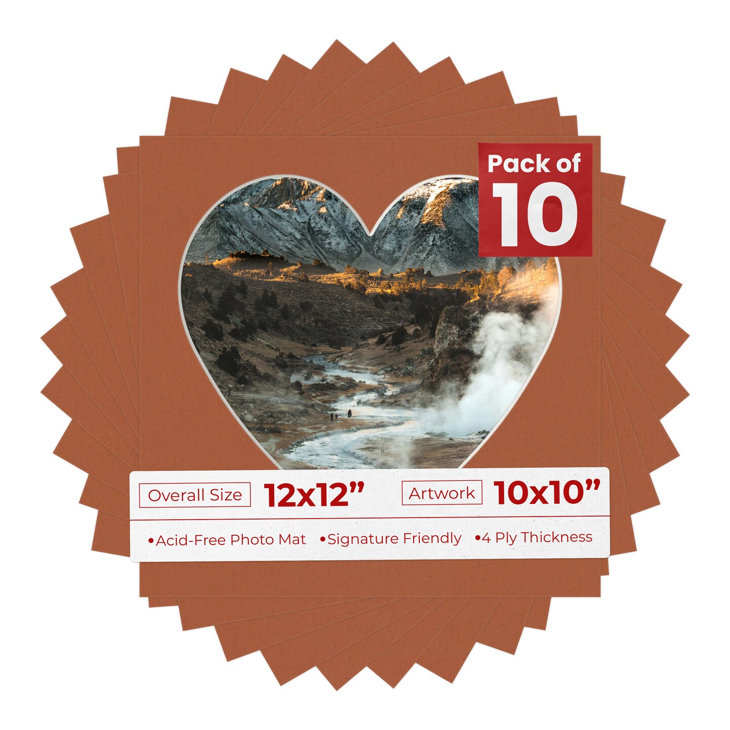 Terra-cotta Red Mat Board for 12x12 Frames - Heart Opening for 10x10 Photos