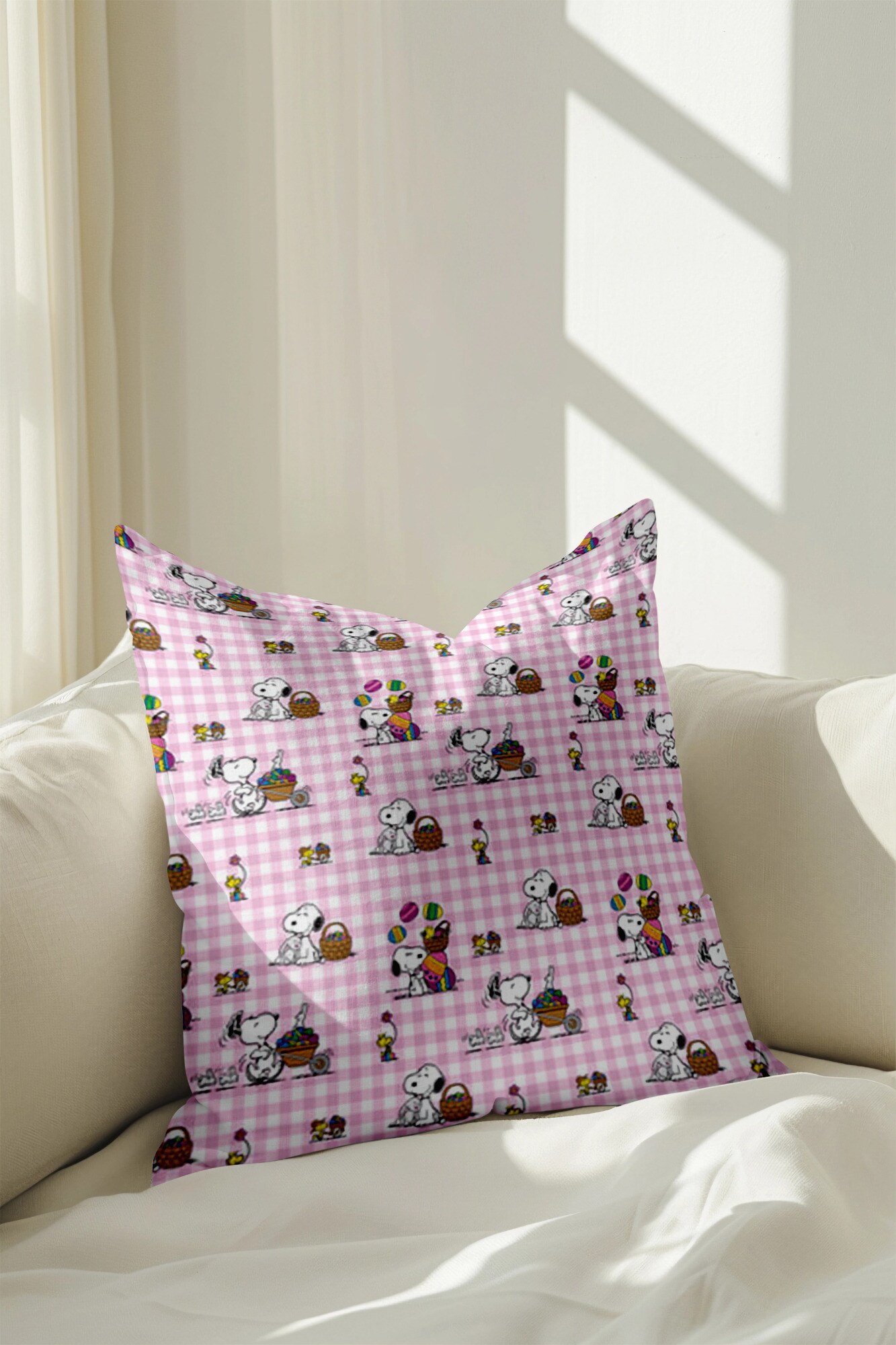 Snoopy Easter Pillow Cover - Pink Gingham Plaid Accent Pillow