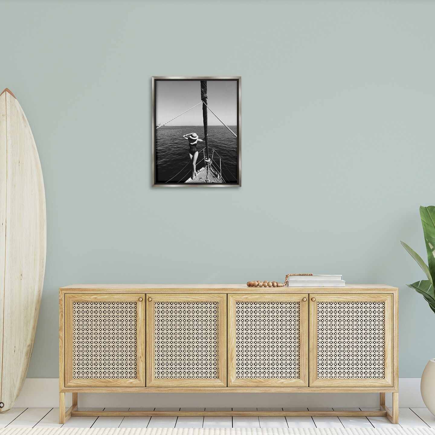 Stupell Industries Woman Posing on Boat Floater Framed Canvas Wall Art Design by LSR Design Studio