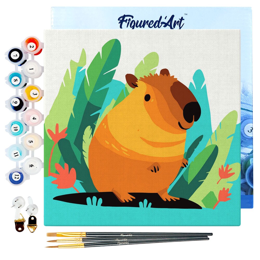 Figured'Art Mini Paint by Numbers Kit for Adults with Frame Tropical Capybara Small format 8"x8" - Craft Art Painting DIY Canvas Already Stretched on a Wooden Frame