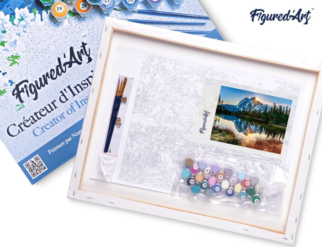 Figured'Art Paint by Numbers for Adults with Frame Lake and Mountain reflection 16"x20" - Craft Art Painting DIY Kit Canvas Already Stretched on a Wooden Frame