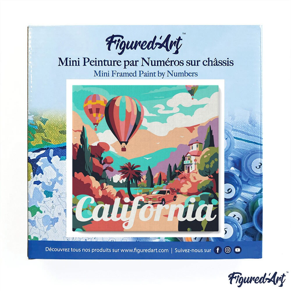 Figured'Art Mini Paint by Numbers Kit for Adults with Frame Travel Poster California Balloons Small format 8"x8" - Craft Art Painting DIY Canvas Already Stretched on a Wooden Frame