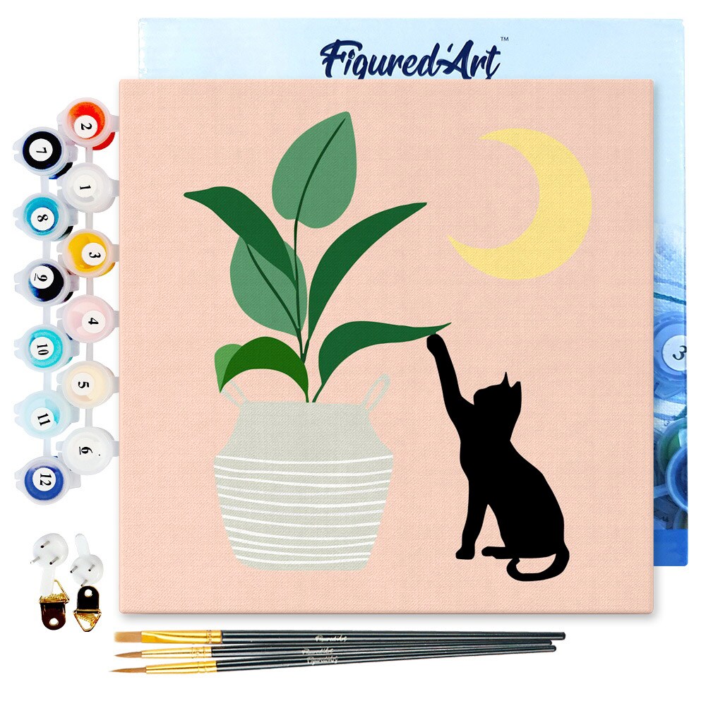 Figured&#x27;Art Mini Paint by Numbers Kit for Adults with Frame Cat plays with plant in the moonlight Small format 8&#x22;x8&#x22; - Craft Art Painting DIY Canvas Already Stretched on a Wooden Frame