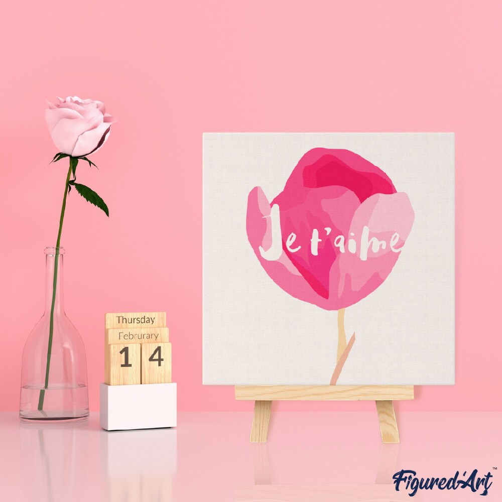 Figured'Art Mini Paint by Numbers Kit for Adults with Frame Je T'aime Small format 8"x8" - Craft Art Painting DIY Canvas Already Stretched on a Wooden Frame