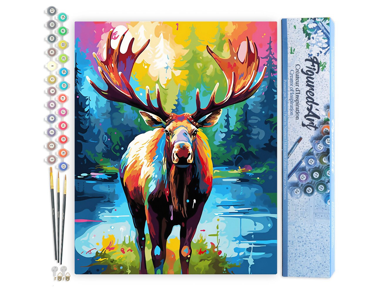 Figured'Art Paint by Numbers for Adults Colorful Abstract Moose 16"x20" - Craft Art Painting DIY Kit Rolled Canvas Without Frame