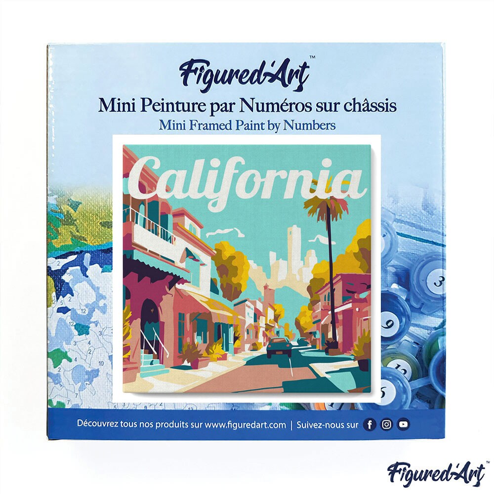 Figured'Art Mini Paint by Numbers Kit for Adults with Frame Travel Poster California Street Small format 8"x8" - Craft Art Painting DIY Canvas Already Stretched on a Wooden Frame