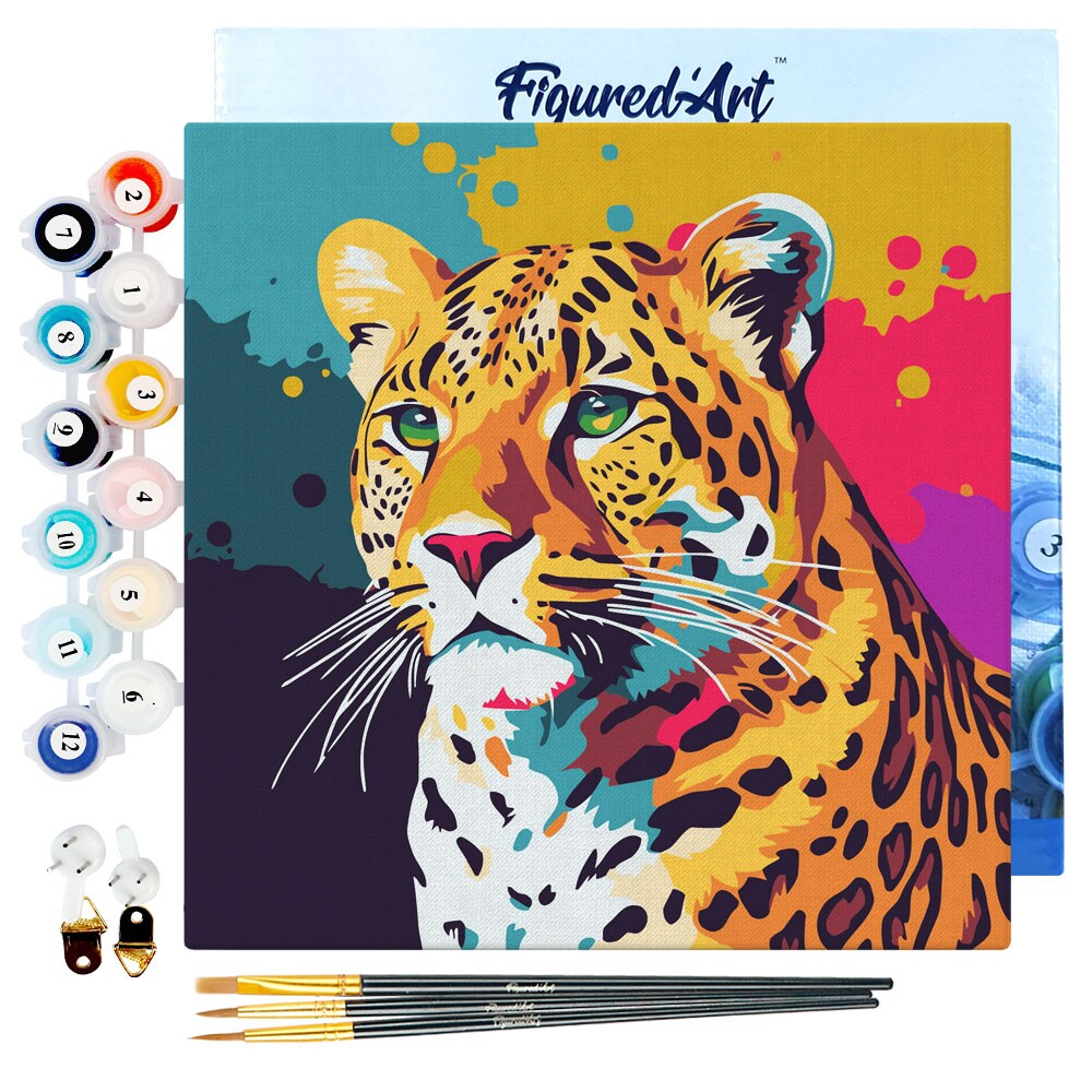 Figured&#x27;Art Mini Paint by Numbers Kit for Adults with Frame Leopard Abstract Pop Art Small format 8&#x22;x8&#x22; - Craft Art Painting DIY Canvas Already Stretched on a Wooden Frame