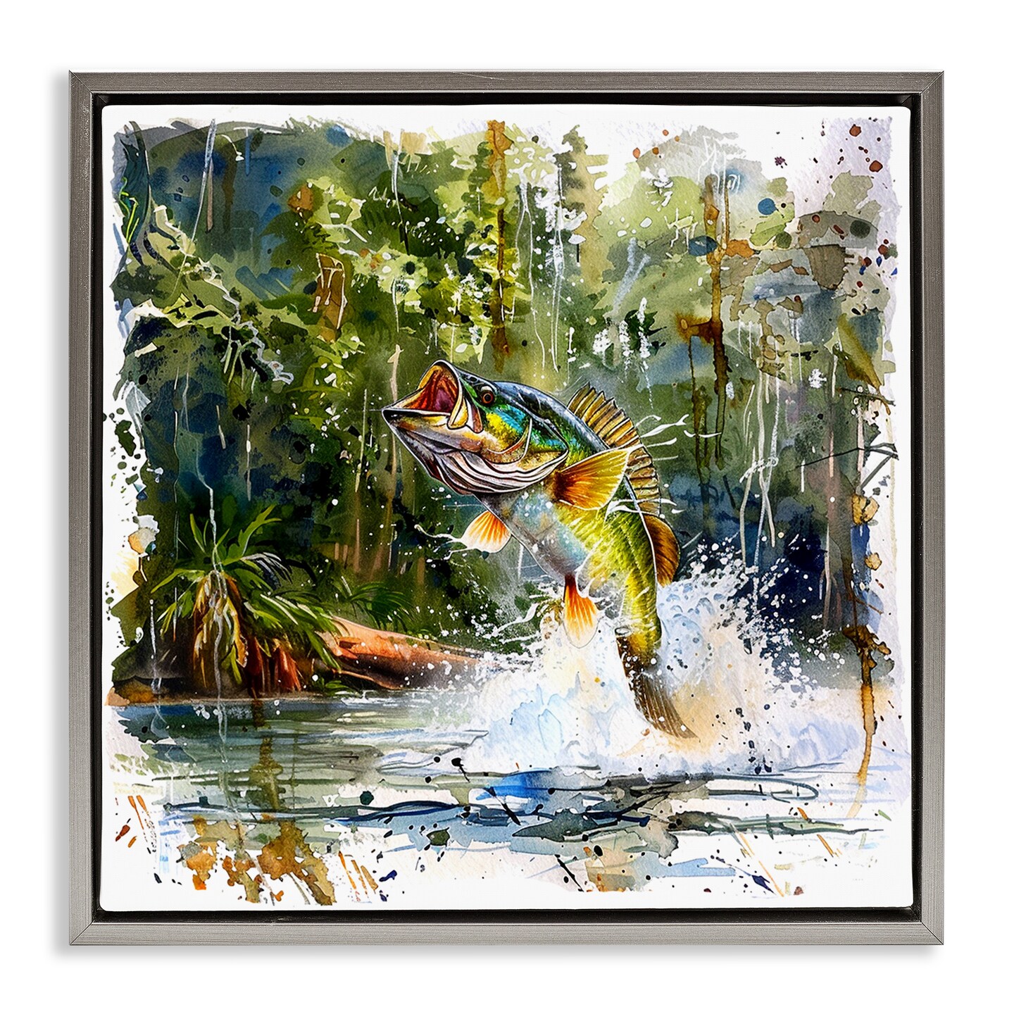 Stupell Industries Jumping Bass Splash Floater Framed Canvas Wall Art Design by LSR Design Studio