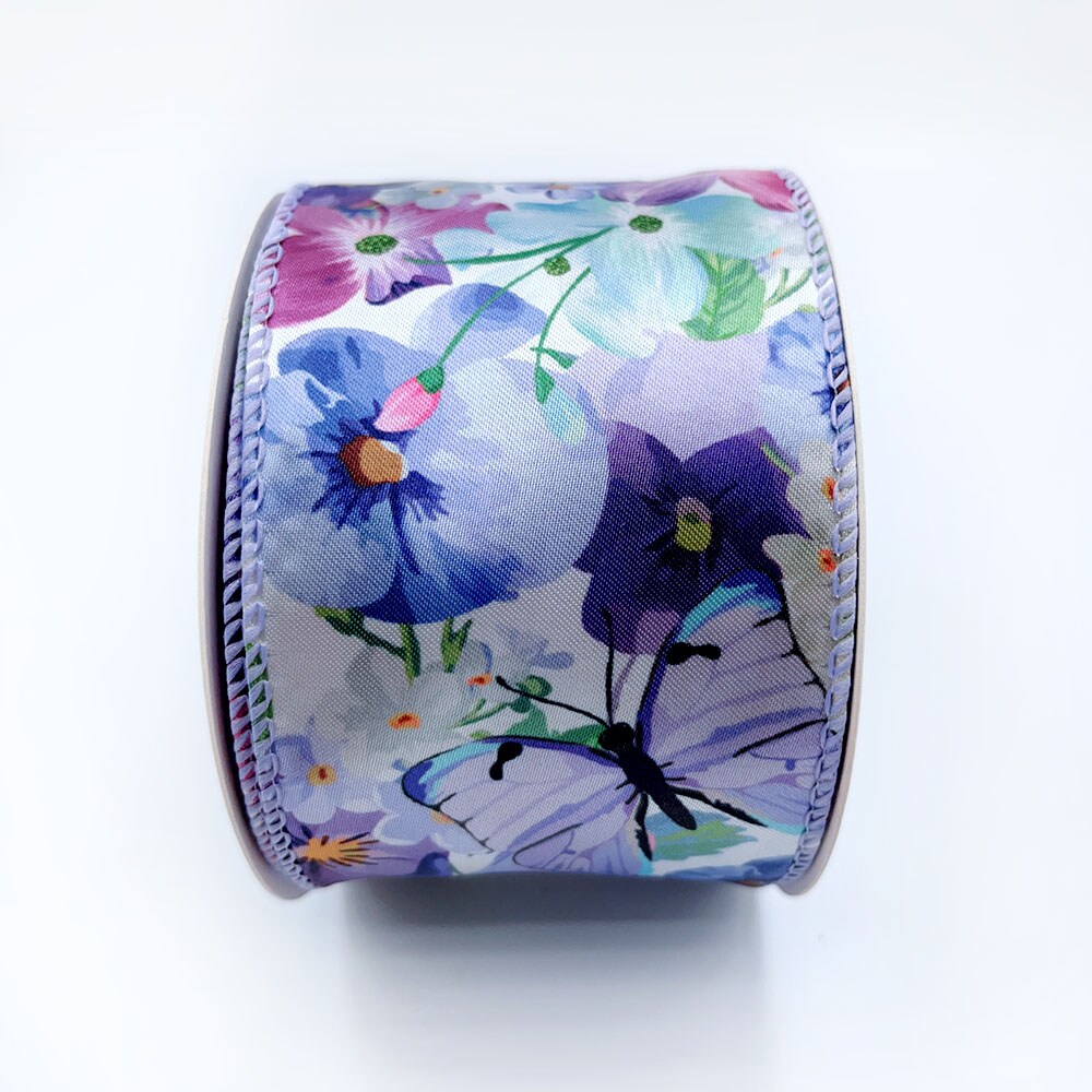 Designer&#x27;s Shop WR 63-5198 Spring Summer Lilac Purple butterfly and small Floral on white wired edge ribbons , 2.5&#x201D; x 10 yard