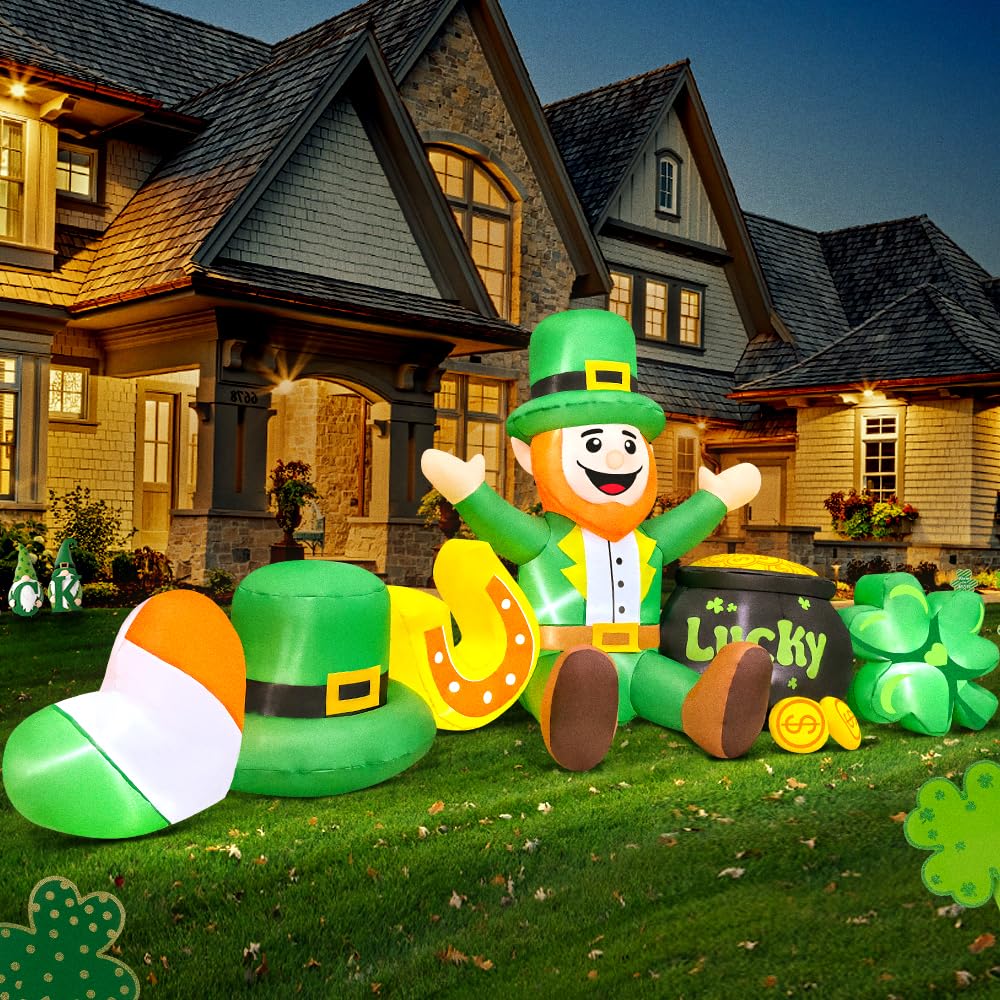 8 FT Long St Patricks Day Inflatables Outdoor Decorations,Inflatable Leprechaun with Clover &#x26; Gold Coins Combo Blow Up Yard Decorations for Holiday Party Yard Lawn Garden