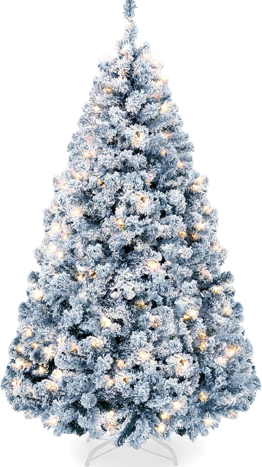 Snow Flocked Christmas Tree Full Pine with 250 White & Multicolor LED Lights, 928 Tips & Foot Switch Control