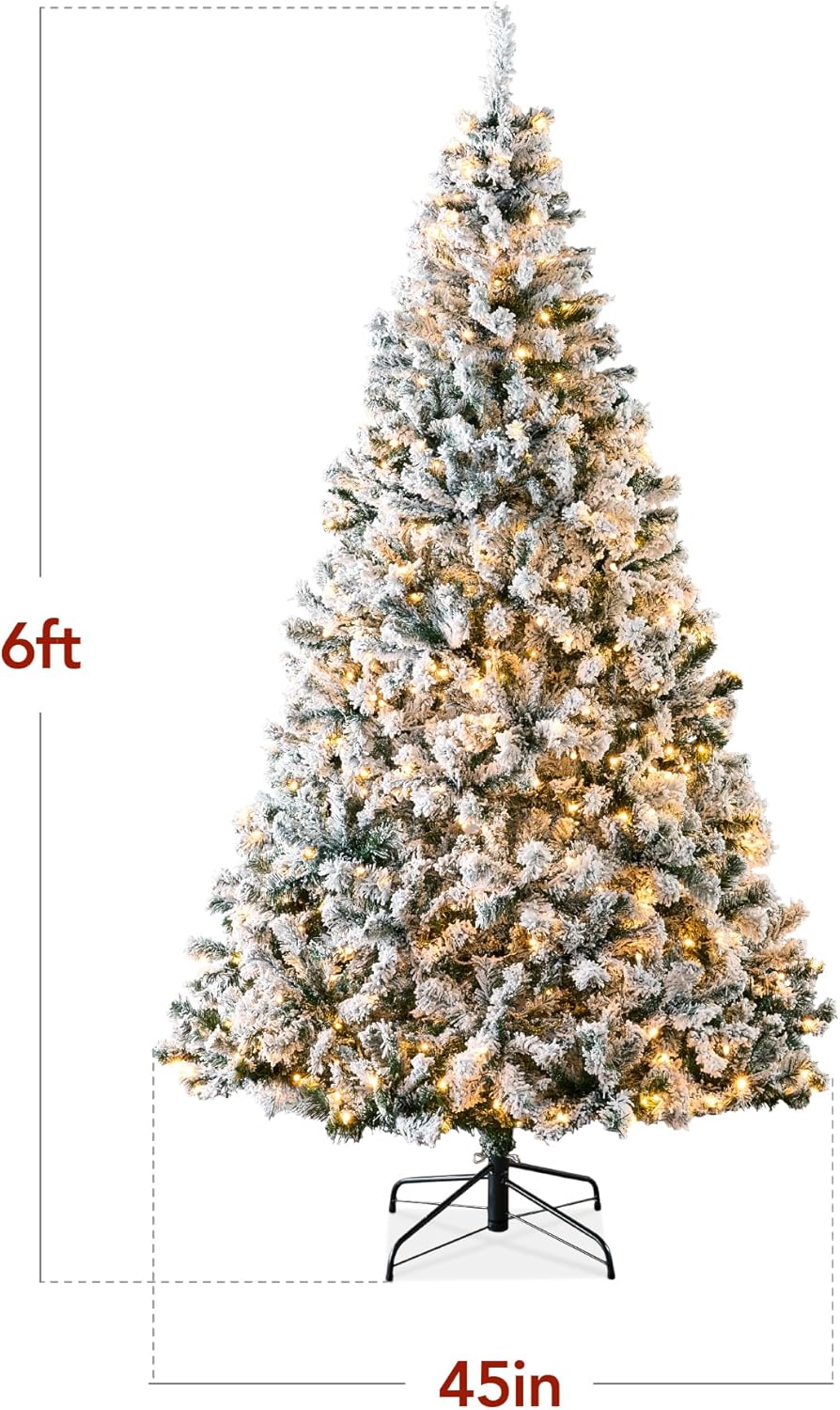 Snow Flocked Christmas Tree Full Green Pine with 250 Lights, Dense Branch Tips &#x26; Metal Stand for Indoor Winter Decor