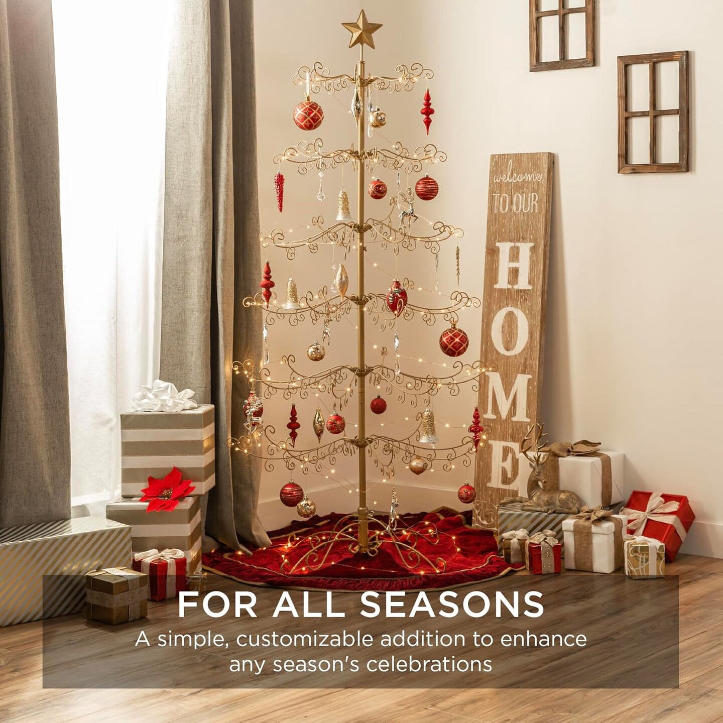 Gold Wrought Iron Ornament Display Christmas Tree Foldable Stand, & Metal Frame for Indoor Holiday Decor