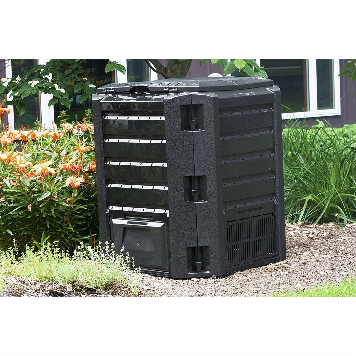 Black 100 Gallon Plastic Compost Bin with Dual Access Hatches and Ventilation
