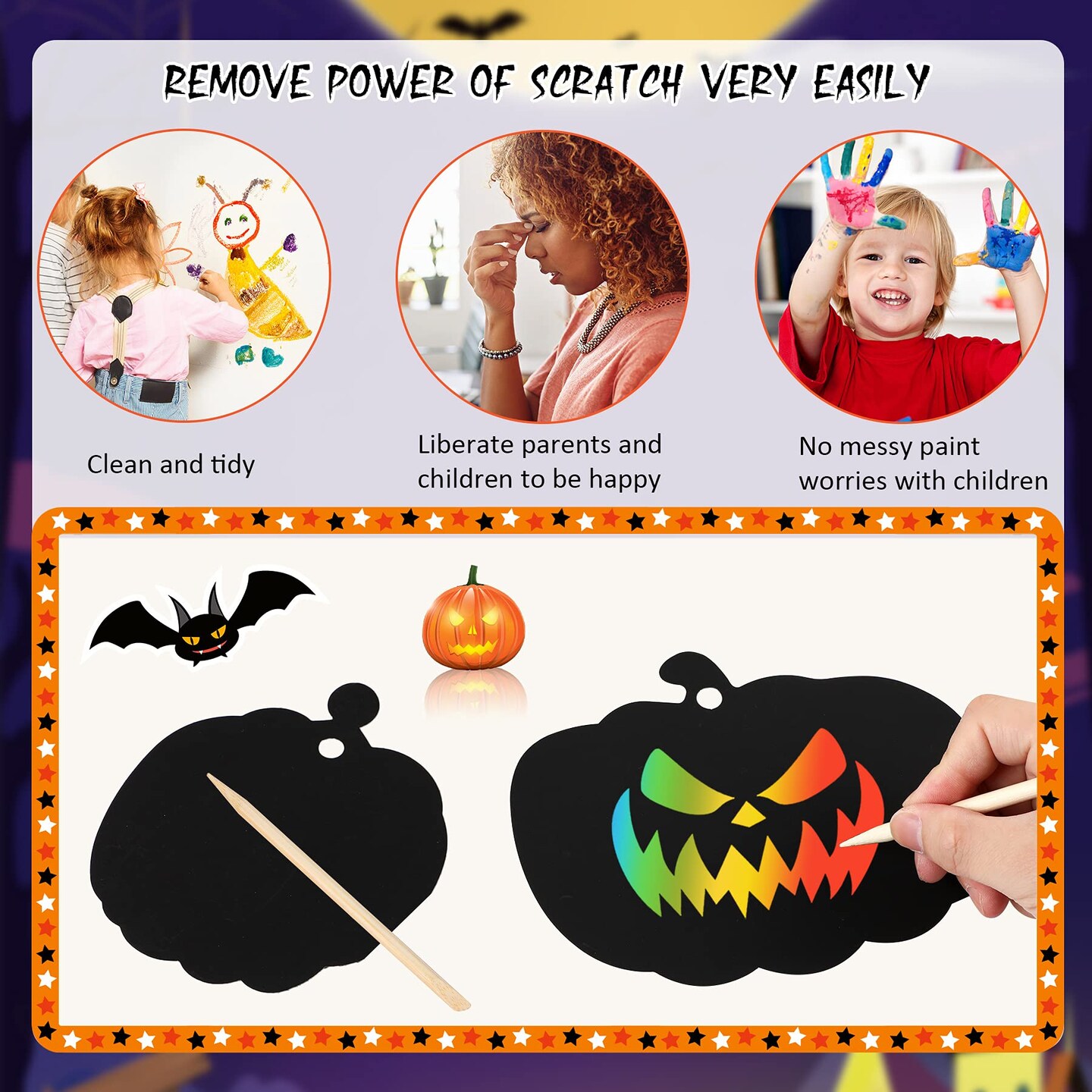 36 Pieces Halloween Scratch Paper Crafts Kit Bulk of Halloween Pumpkins Magic Rainbow Scratch Art for Kids DIY Party Ornaments Halloween Decor with 12 Wooden Sticks and 36 Colorful Ribbons