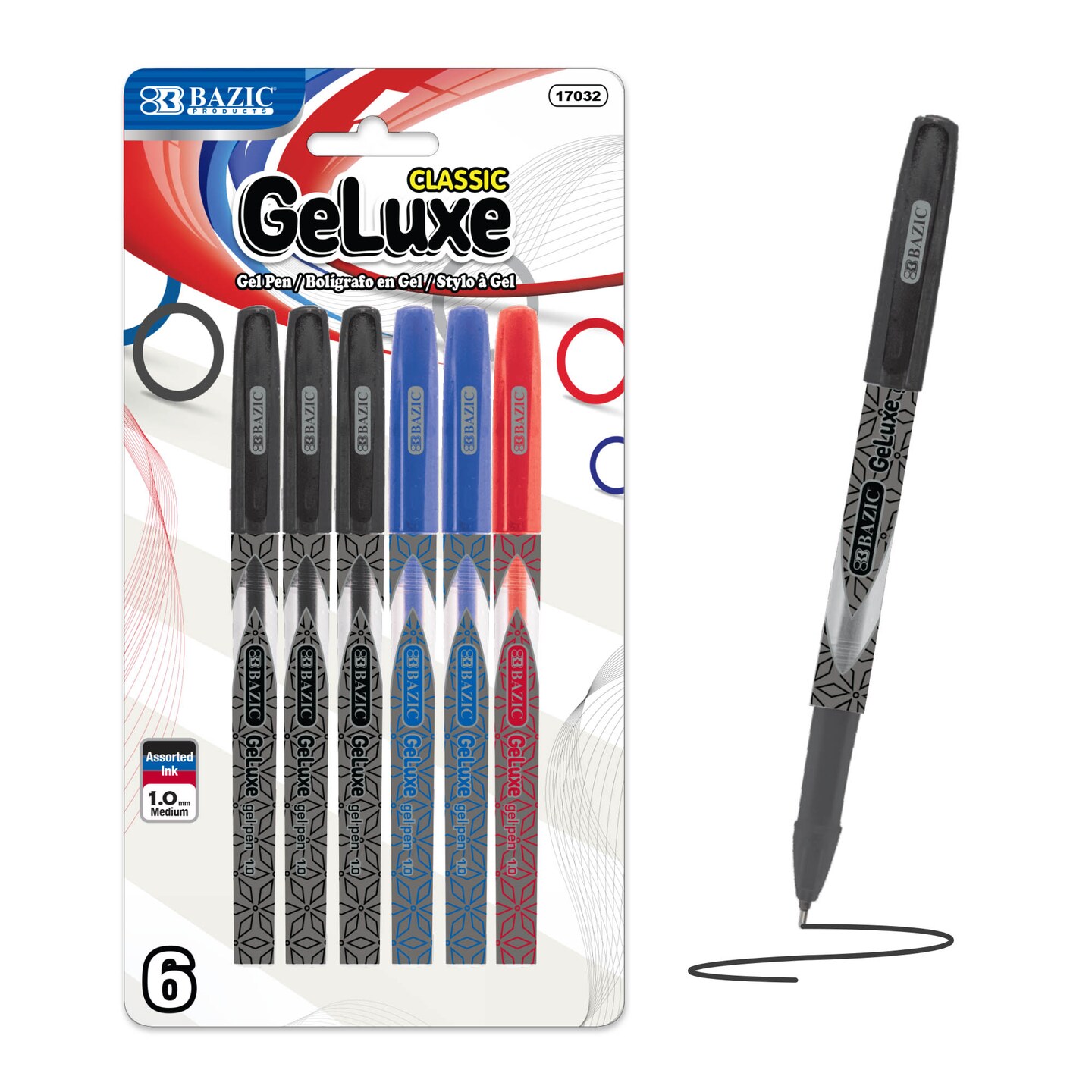 BAZIC GeLuxe Assorted Rollerball Pens, 1.0 mm Medium, 6 Count