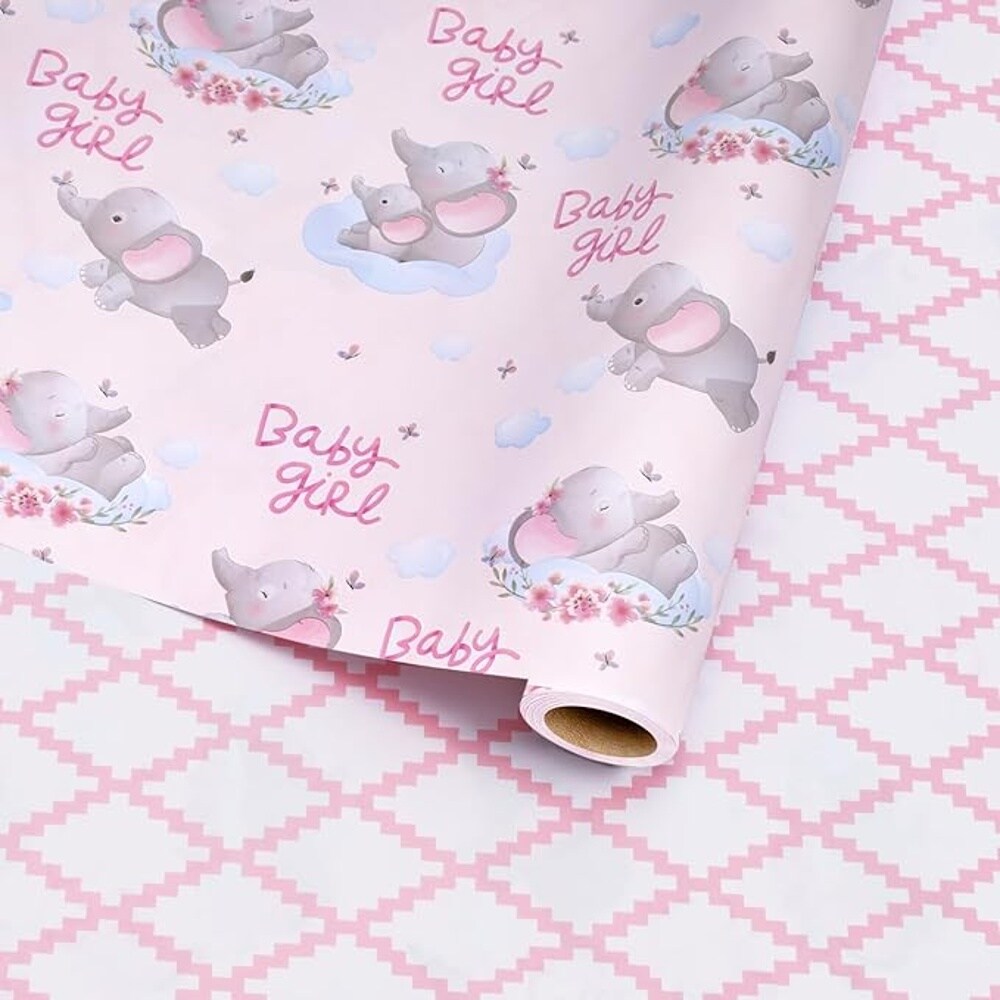 LaRibbons 17&#x22; X 33&#x27; Reversible Wrapping Paper | Baby Elephant w/ Quilted Back