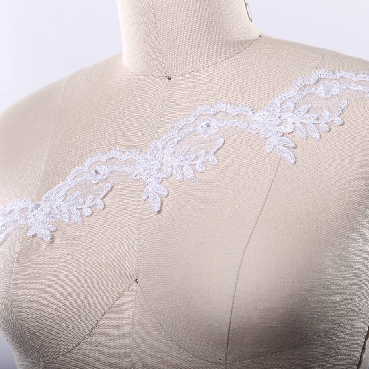 1 Yard White Embroidered Alencon Beaded Bridal Lace Trim for Veils Wedding Gowns and Formal Decor 2 Inch Wide