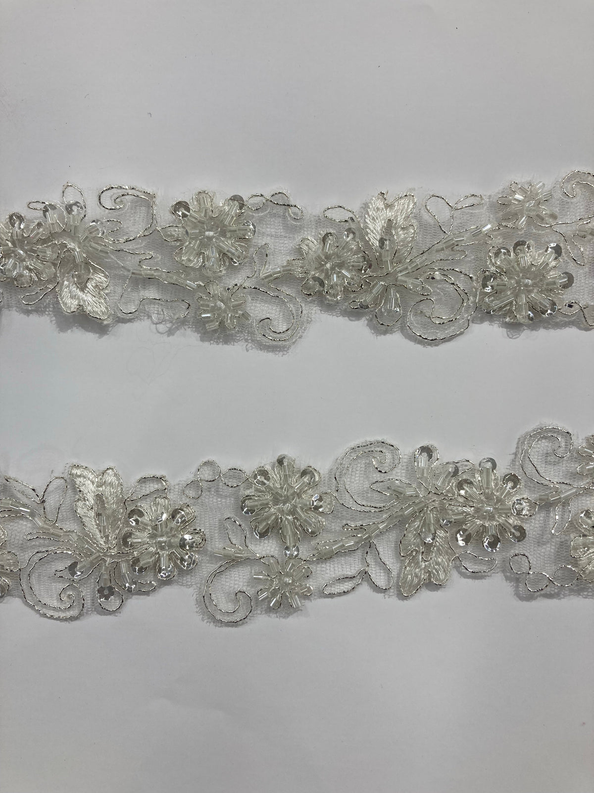 1 Yard Beaded & Corded Lace Trimming on 100% Polyester Net Mesh, Elegant Embroidered Lace Fabric